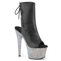 ADORE-1018LG Pleaser platform open toe ankle boot black matte silver multi glitter