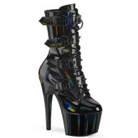 ADORE-1046 Pleaser lac-up ankle boot quadrple cone-studded buckle straps black holo patent