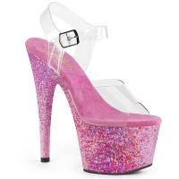 ADORE-708CF Pleaser vegan ankle strap plateau sandal confetti covering clear pink glitter