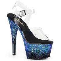 ADORE-708SS vegan Pleaser ankel strap sandal gradient effect clear blue multi glitter