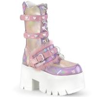 ASHES-120 DemoniaCult cut-out platform mid-calf boot heart stud lavender baby pink holo