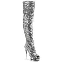 BLONDIE-3011 Pleaser High-Heels Dualplateau Overkneestiefel silber Chrom Pailletten Strass