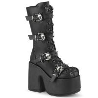 CAMEL-115 DemoniaCult vegan platform mid calf boot corset style spike skull buckle black matte