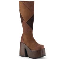 CAMEL-280 DemoniaCult patchwood platform ladies patchwood knee high boot brown microfiber