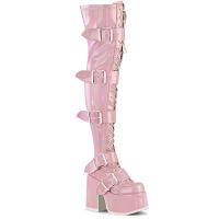 CAMEL-305 DemoniaCult vegan stretch thigh-hih boot buckle straps chunky heel baby pink hologram