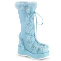 CUBBY-311 DemoniaCult vegan ladies platform mid calf boot fur trim baby blue matte