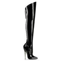 DAGGER-3060 Devious high heels solid brass heel back lace up thigh boots black patent