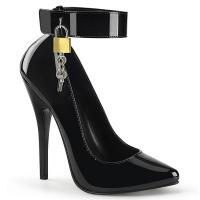 DOMINA-432 Devious vegan heel pump ankle cuff padlock black patent