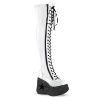 DYNAMITE-300 DemoniaCult Plateauverkneestiefel Stern Cutout weiß Holo Stretch Lack