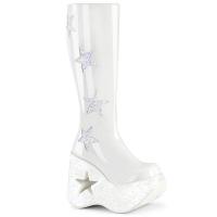 DYNAMITE-218 DemoniaCult star cutout platform wedge kne high boot glitterstars white patent