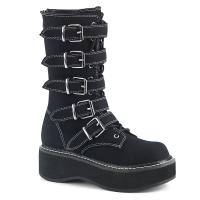 EMILY-341 wadenhohe DemoniaCult Damen Plateaustiefel schwarz weiß Leinen 5 Riemen