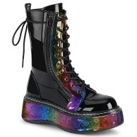 EMILY-350 DemoniaCult rainbow print platform lace-up front mid-calf boots black patent