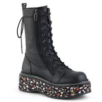 EMILY-350 DemoniaCult floral fabric wrapped platform lace-up front mid-calf boots black