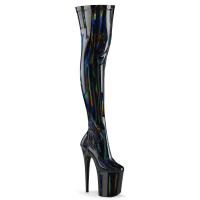 FLAMINGO-3000HWR Pleaser Plateauoverkneestiefel schwarz Hologramm Stretch Lack