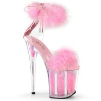 FLAMINGO-824F Pleaser Damen Manschetten Plateausandaletten Marabou babypink Kunstfell klar