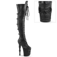 RAPTURE-3045 Pleaser skull bones vegan stretch thigh high boot buckle straps stretch black matte