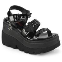 SHAKER-13 DemoniaCult wedge platform ankle strap sandal studs heart buckle black patent