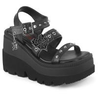 SHAKER-13 DemoniaCult wedge platform ankle strap sandal studs heart buckle black matte