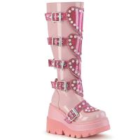 SHAKER-210 DemoniaCult vegan wedge platform knee high boot heart shield baby pink patent