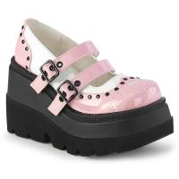 SHAKER-27 DemoniaCult wedge platform buckle strap wingtip pumps studs baby pink white patent