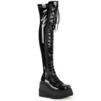 SHAKER-374 DemoniaCult wedge platform high heels stretch thigh high boot black patent