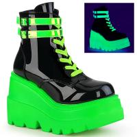 SHAKER-52 DemoniaCult lace-up front ankle boot straps black patent-UV neon green