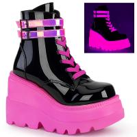 SHAKER-52 DemoniaCult lace-up front ankle boot straps black patent-UV neon pink