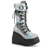 SHAKER-70 DemoniaCult vegane halbhohe Damen Keil-Plateau Schnür-Stiefel Spikes silber Hologramm Lederlook