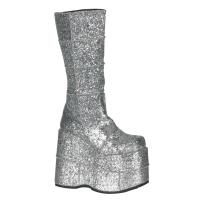 STACK-301G Damenia Damen Herren Plateau kniehohe Stiefel Flicken Optik silber Glitter