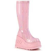 STOMP-200 DemoniaCult vegan ladies high heels stretch knee high boot baby pink hologram