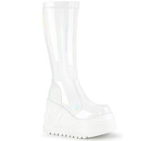 STOMP-200 DemoniaCult vegan ladies high heels stretch knee high boot white hologram