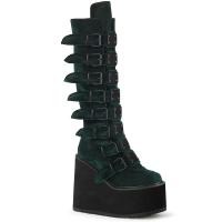 SWING-815 DemoniaCult Damen Gothic Punk Keilplateau Stiefel smaragdgrün Samt 16 Schnallen