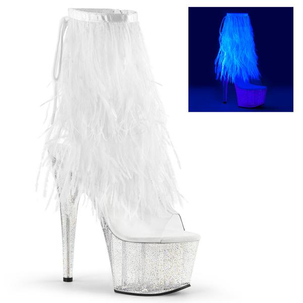 ADORE-1017MFF Pleaser open toe heel ankle boot UV blacklight marabou white fur glitter