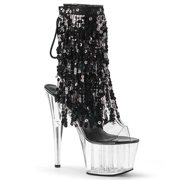 ADORE-1017SQF Pleaser high heels platform open toe sequins fringe ankle boot black clear