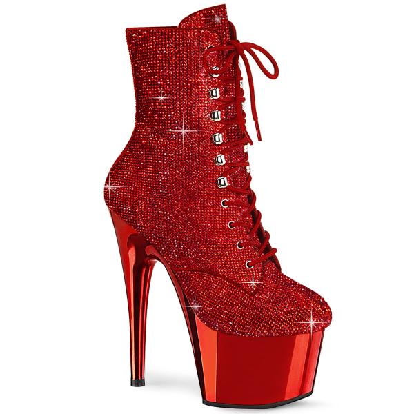 ADORE-1020CHRS Pleaser High Heels Schnür Plateaustiefeletten Strass Chrom rot