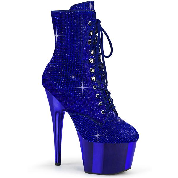 ADORE-1020CHRS Pleaser High Heels Schnür Plateaustiefeletten Strass Chrom blau