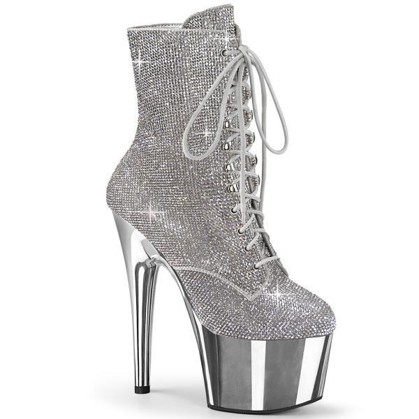 ADORE-1020CHRS Pleaser High Heels Schnür Plateaustiefeletten Strass Chrom silber