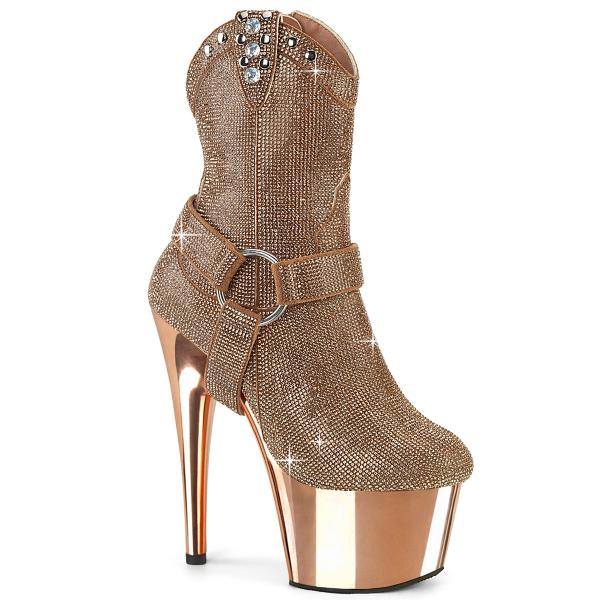 ADORE-1029CHRS Pleaser cowgirl ankle boot o-ring rhinestones rose gold chrome high heels