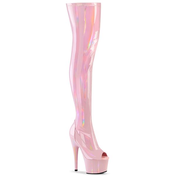 ADORE-3011HWR Pleaser vegan platform peep toe stretch tigh high boot baby pink holo stretch patent