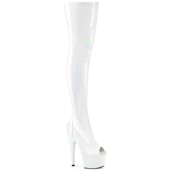 ADORE-3011HWR Pleaser vegan platform peep toe stretch tigh high boot whiteholo stretch patent