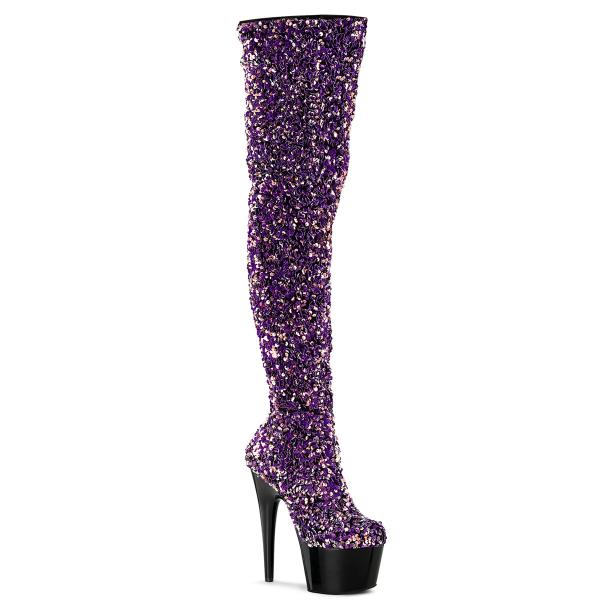 ADORE-3020 Pleaser vegane Damen Plateauoverkneestiefel lila Multi Pailletten schwarz