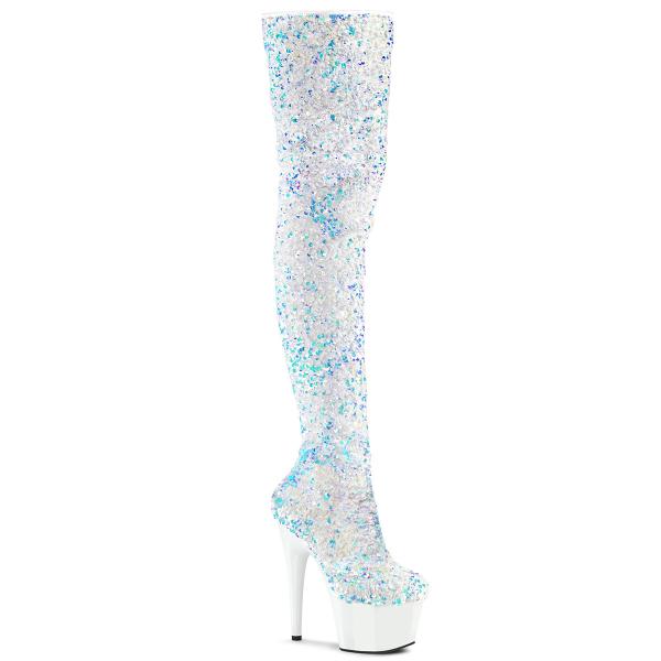 ADORE-3020 Pleaser vegan stretch thigh high heels boot white multi sequins