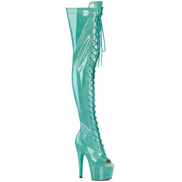 ADORE-3021GP Pleaser High Heels Peep Toe Plateauoverkneestiefel aqua Glitter Lack