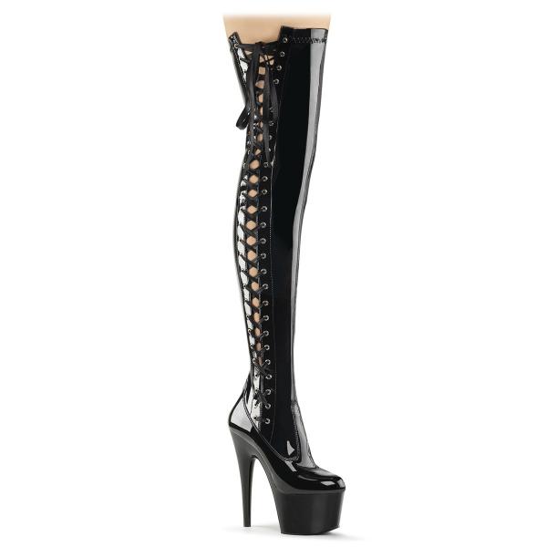 ADORE-3050 Pleaser High-Heels Overkneestiefel schwarz Lack Schnürung seitlich