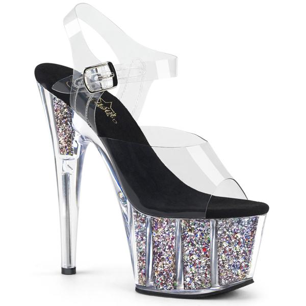 ADORE-708CG Pleaser High-Heels Plateausandaletten klar silber Konfetti-Glitter