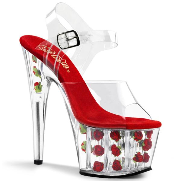 ADORE-708FL Pleaser High-Heels Plateausandaletten transparent rot mit Blumen