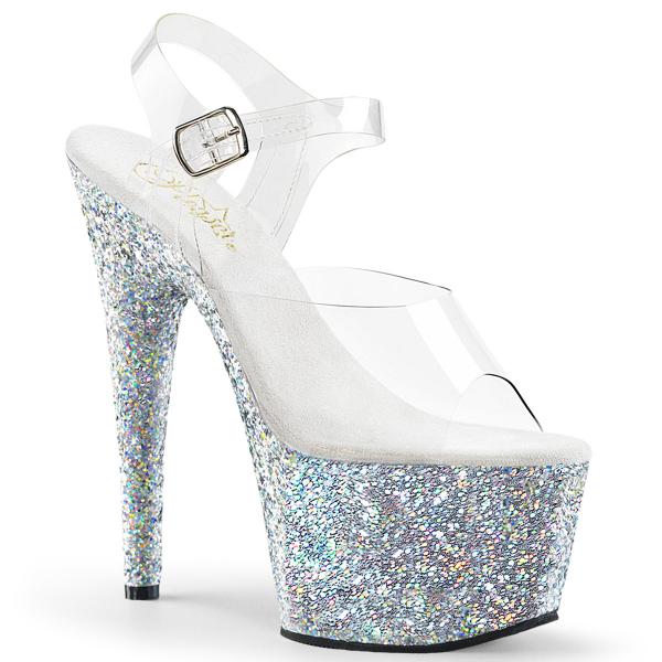 ADORE-708LG Pleaser High-Heels Plateausandaletten klar silber Multiglitter