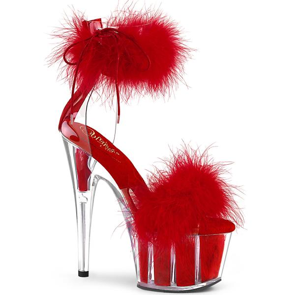 ADORE-724F vegan Pleaser close back ankle cuff sandal marabou fur clear red