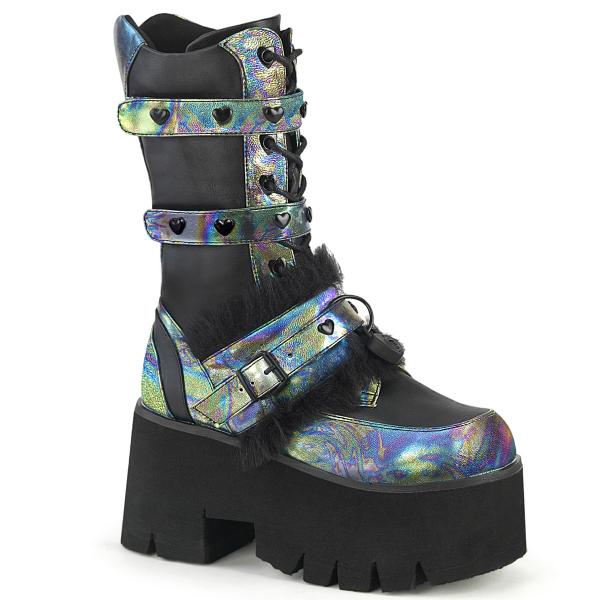 ASHES-120 DemoniaCult cut-out platform mid-calf boot heart stud black matte green multi oil