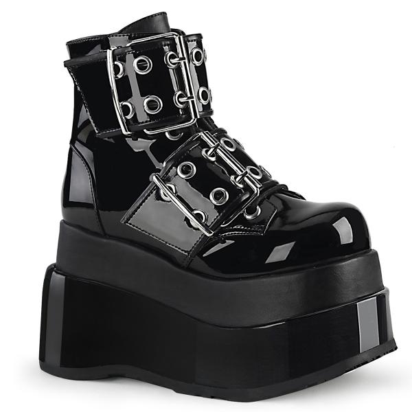 BEAR-104 DemoniaCult vegan tiered platform lace up ankle boot buckle straps bblack patent matte